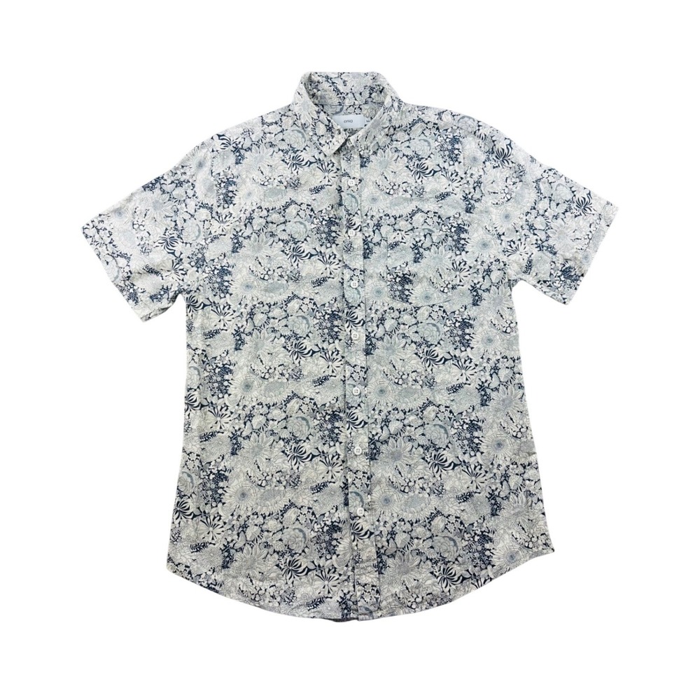 Onia Button Down Shirt Men M Blue Linen Cotton Floral Short Sleeve Resortwear